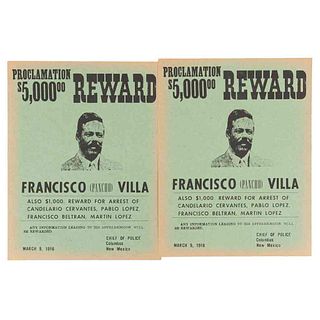 Proclamation Reward $ 5,000.00 Francisco (Pancho) Villa. New Mexico, Columbus: Chief of Police, March 9, 1916. 2 carteles.