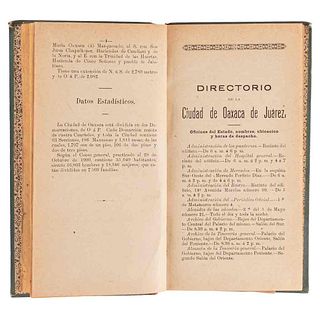 Directorio de la Ciudad de Oaxaca de Juárez Para 1904 - 1905. Oaxaca: "El Libro de Oro", 1905. Un plano plegado.
