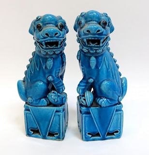 Pair 20th C. Blue Foo Dogs