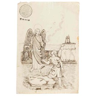 Arcángel San Rafel. Dibujo, tinta sobre papel, 31 x 21 cm. Anónimo. En Papel sellado "Seis Reales. Carlos II. México. 1670 y 1671".