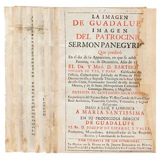 Yta y Parra, Bartholome Phelipe. La Imagen de Guadalupe, Imagen del Patrocinio: Sermón Panegyrico. México: 1744. Un grabado.