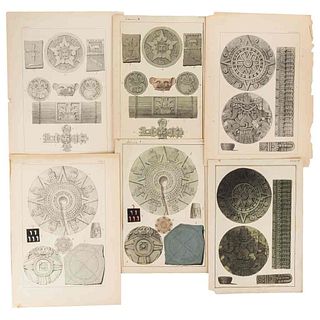 Tostado, R. A. Representaciones Arqueológicas. 3 dibujos coloreados y 3 litografías.  Nahui Ollin - Xiuhmolpilli - Nemontemi. Piezas: 6