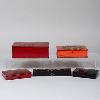 Group of English Black or Scarlet Japanned Boxes