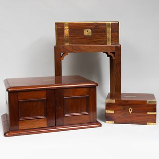 English Brass-Mounted Mahogany Lap Desk on Stand and Two Mahogany Table Boxes