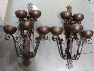 A Pair Of Large Iron 5 Light Architectural Sconces
