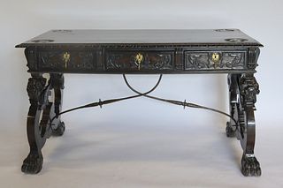 Antique Carved 3 Drawer Desk With Griffin Form