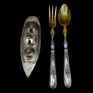Sterling Handle Salad Set and Silverplate Boat
