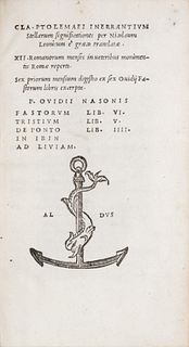 Aldina - Ovidio Nasone, Publio - Inerrantium stellarum ... Fastorum libris excerpta. P. Ouidij Nasonis Fastorum lib. 6. Tristium lib. 5. De Ponto lib.