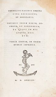 Aldina - Tacito, Publio Cornelio - Cornelius Tacitus exacta cura recognitus, et emendatus.