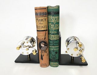 Pair of Polished Chrome and Brass Fishing Reel Bookends