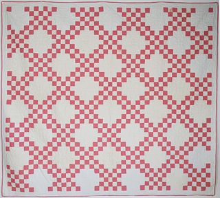 Vintage Pink and White Irish Chain Patchwork Quilt, circa 1930s