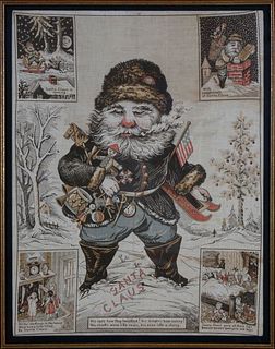 Framed Santa Claus Printed Linen Towel, 19th c.