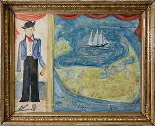 Kolene Spicher Folk Art Map of Nantucket, "The Sailor From Sconset", Watercolor