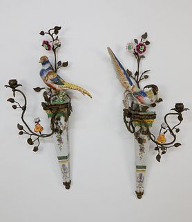 Pair of Castilian Porcelain and Gilt Metal Bird Sconces