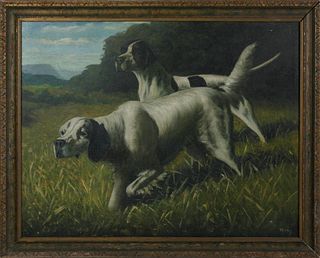 T. Bailey Oil on Canvas Portrait of Two Hounds
