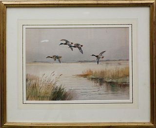 Roland Green Watercolor on Paper, "Four Mallard Over The Broads"