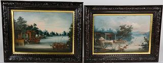 Pair of Small China Trade Oil on Canvas Paintings, "River Landscape"