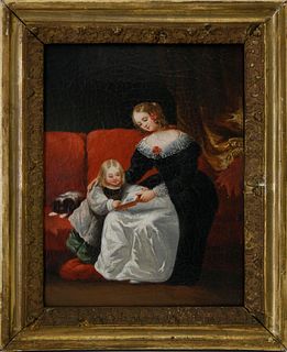"A Girl with her Mother and Puppy," 19th c. Oil on Canvas