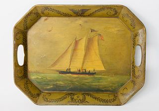 Fine Hand Painted Tole Decorated Serving Tray, 19th c.