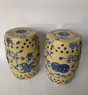 Pair of Yellow and Blue Glazed Chinese Garden Stools