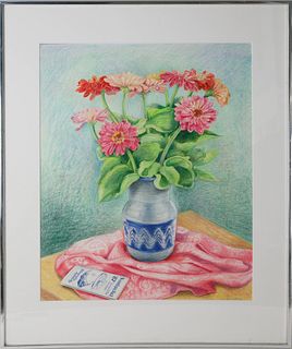 E. Cooper Pencil on Paper, "Still Life Zinnias in Blue and White Jug"