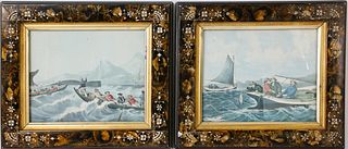 Pair of Fishing Lithographs in Victorian Decorated Frames