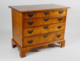 The Federalist American Chippendale Style Four Drawer Tiger Maple Chest of Drawers