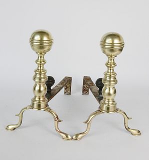 Pair of Brass Boston Ball Top Andirons, early 19th Century