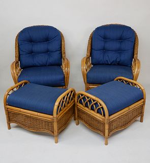 Pair of Braxton Culler Rattan Armchairs and Ottoman