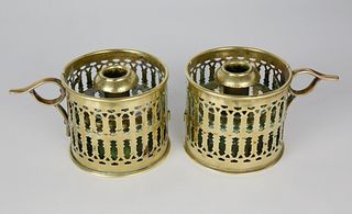 Pair English Brass and Glass Pierced Chambersticks, circa 1800