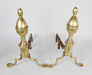 Pair of Brass and Iron Philadelphia Double Acorn Andirons, circa 1800
