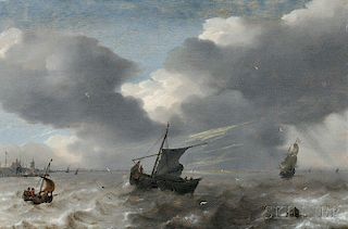 Attributed to Simon Jacobsz de Vlieger (Dutch, 1601-1653)      Vessels in Rough Seas off the Dutch Coast