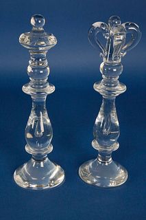 Pair of Signed Steuben Clear Crystal Chess Pieces