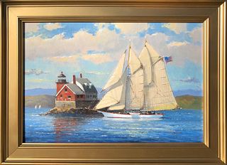 William Lowe Oil on Linen "Passing Rockland Breakwater Lighthouse Maine"
