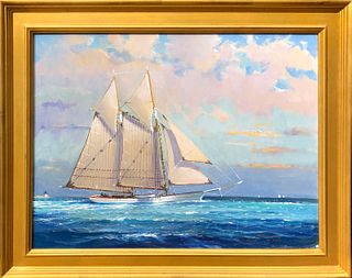 William Lowe Oil on Canvas "Old Timer Departing Nantucket Harbor"