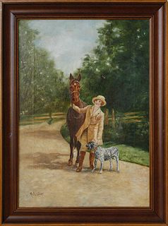 A. Le Court Oil on Canvas "A Girl and Her Pets", circa 1920s