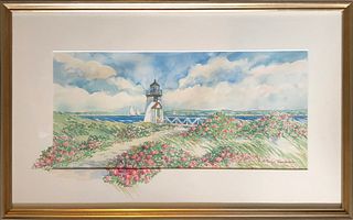 Marilyn Chamberlain Watercolor "Rosa Rugosa in Full Bloom at Brant Point Lighthouse"