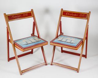 Pair of Red Hand Painted Nautical Theme Folding Chairs