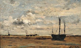 Karl Daubigny (French, 1846-1886)      Sailing Vessels Beached at Low Tide