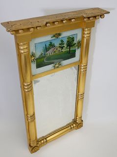 Gilt Mirror with Eglomise Country Home Reverse Painting on Glass, 19th c.