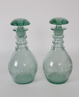 Pair of Blown Green Glass Decanters