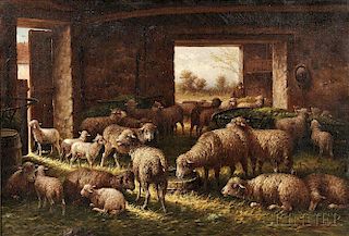 Henri de Buel (Belgian, 1845-1900)      Sheep Inside a Stone Barn