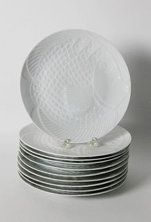 Set of 10 Dansk White Porcelain Fish Dinner Plates