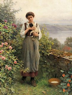 Daniel Ridgway Knight (American, 1839-1924)      Young Girl Holding a Puppy