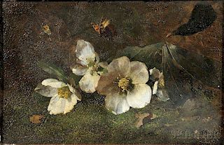 Continental School, 19th Century      White Blossoms and Butterflies on a Mossy Bank