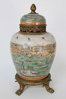 Hong's Canton Decorated Crackle Glazed and Bronze Covered Temple Jar