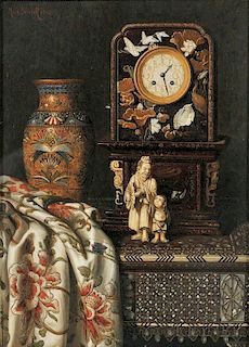 Max Schödl (Austrian, 1834-1921)      Still Life with Clock, Vase, and Ivory Figures