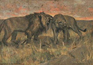 Arthur Wardle (English, 1864-1949)      Lions Roaring Over Their Prey