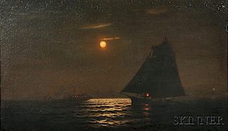 Warren W. Sheppard (American, 1858-1937)      Moonlit Seascape with Ship Under Sail
