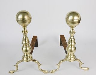 Pair of  Brass Boston Ball Top Andirons, early 19th Century